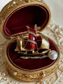 1pc Sculpted Sailing Vessel Brooch, Nautical Motif, Old-World Retro Style, Unisex Coat Pin, Ceremony & Daily Styling, Fall OOTD Jewelry Ornament - Red Sailboat Model a - View 13