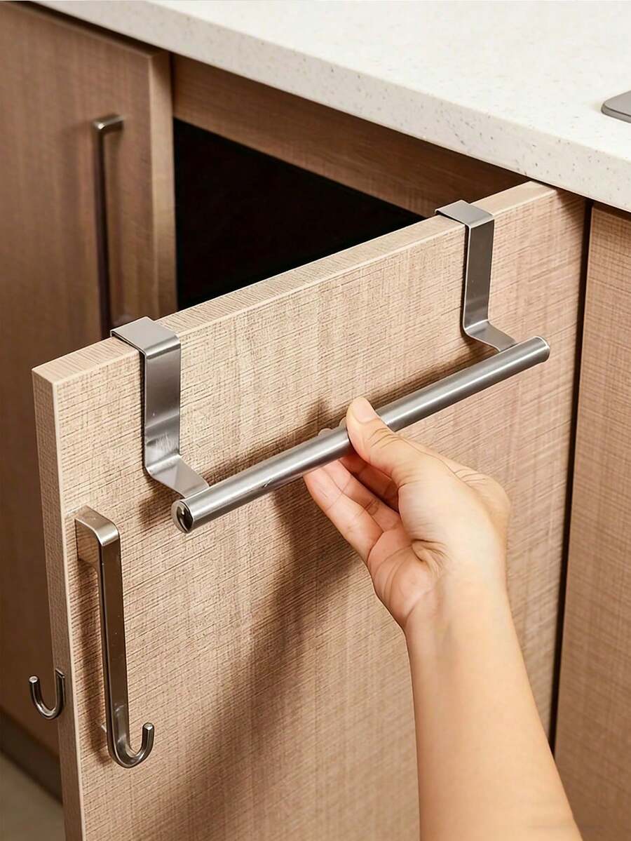 1pc Black Door Hanging Towel Bar, No-Drill Wall-Mounted Single Metal Hook Storage Rack, Suitable For Bathroom, Kitchen, Cabinet, Dorm, Bedroom, Back To School Season Home Essentials, Creative Gift - Multicolor - View 1