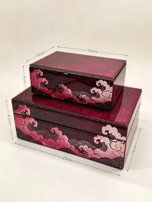 2件組大容量中式印花玻璃珠寶盒，黑色天鵝絨內襯長方形復古裝飾配件收納盒，適用臥室梳妝台，婚禮節日禮物 - Royal Crimson Wave - 查看 3