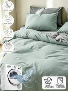 雙色親膚磨毛被套 3 件套（1 件被套 + 2 件枕套），柔軟舒適，適用於臥室與客房，可機洗，四季通用 - 薄荷綠 - 查看 6