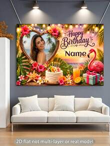 Customizable Photo & Name Summer Sunset Hawaii Theme Happy Birthday Backdrop, Pink Flamingo, Coconut Tree, Flower, Gift Box, Juice Design. Perfect For Hawaii Theme Birthday Party, Gift For Friends And Baby Shower Party. Suitable For Indoor And Outdoor Use. Vinyl Material - E - View 3