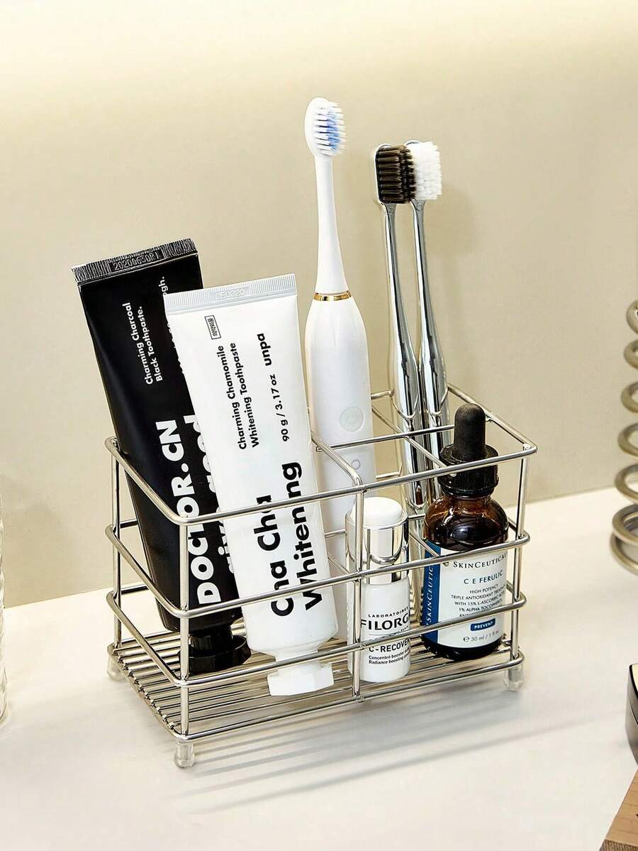 1件防鏽不鏽鋼牙刷架，適用電動牙刷與牙膏，浴室收納架，附防滑底座與排水設計檯面收納器，返校用品、教師節禮物
