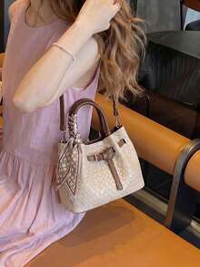 Off-White Woven Embossed Mini Handbag, Contrast Brown PU Handle, Front Buckle Decor, Geometric Style Daily Commute & Date - Beige - View 5
