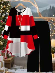 Plus Size Women's Fashion Printed Colorblock Patchwork Front Short Back Long Sleeve T-Shirt With Pockets And Long Pants 2-Piece Set Elegant - Red + Black - View 1