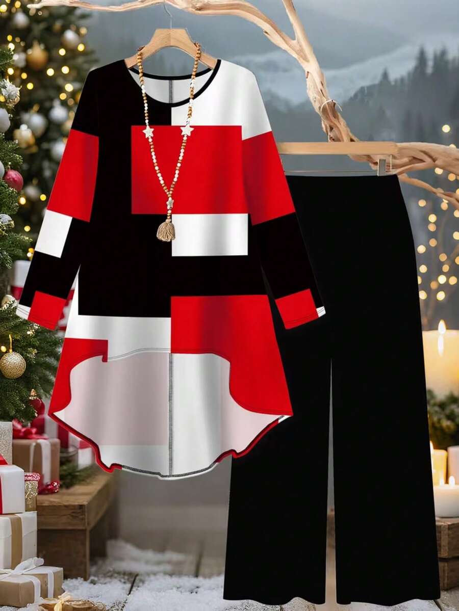 Plus Size Women's Fashion Printed Colorblock Patchwork Front Short Back Long Sleeve T-Shirt With Pockets And Long Pants 2-Piece Set Elegant - Red + Black - View 1