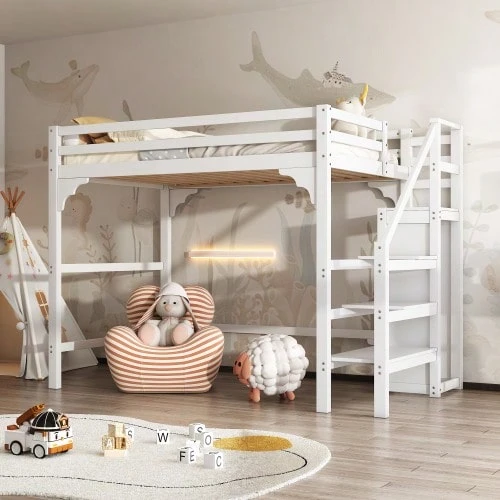 140*200cm Loft Bed With Slatted Base, With Stairs, With Wardrobe, Youth Bed, Storage. White - White - View 1