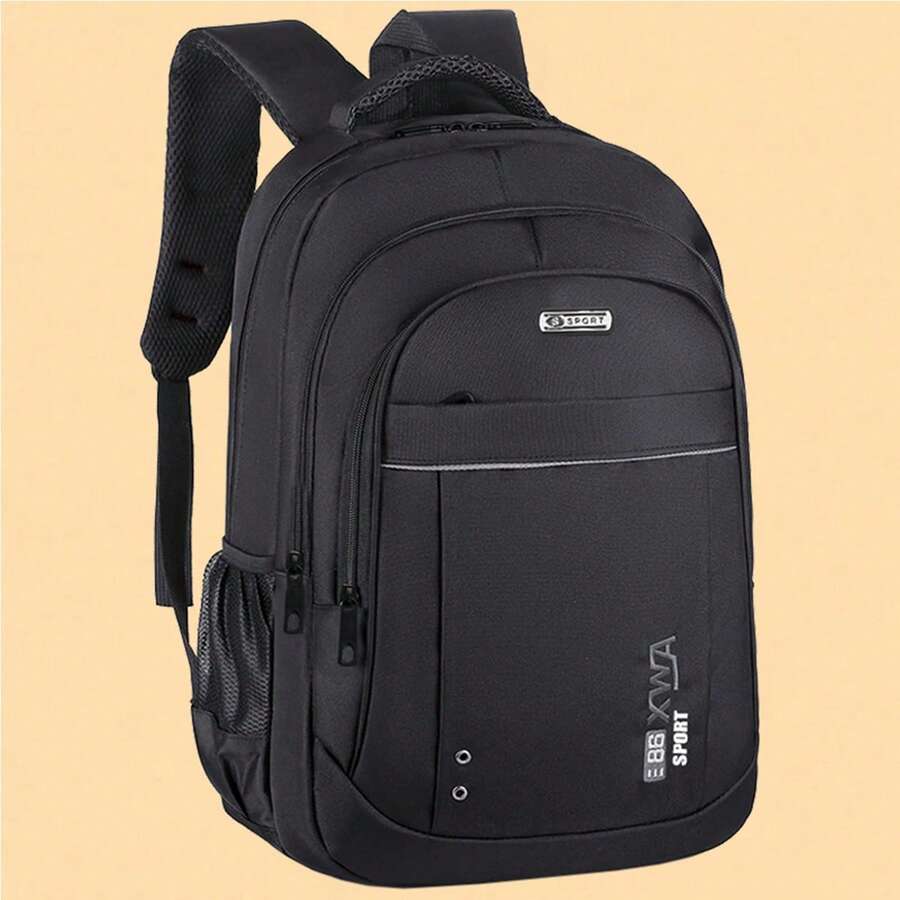 Waterproof Oxford Sport Print Backpack Multi Compartment Side Mesh Pocket Padded Adjustable Straps Large Capacity School Travel Rucksack Unisex - Black - View 1