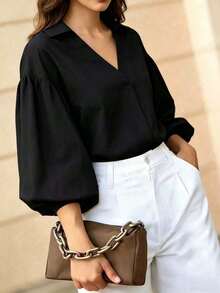 Women's Elegant Lantern Sleeve Button V-Neck Blouse, Loose Fit Top For Autumn Black - Black - View 3