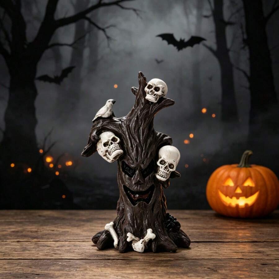 1pc Vintage Distressed Horror Ghost Tree Skull Ornament With Crow Bone Spider Decor, Dark Forest Style Halloween Outdoor Garden Decoration - Dryad - View 1