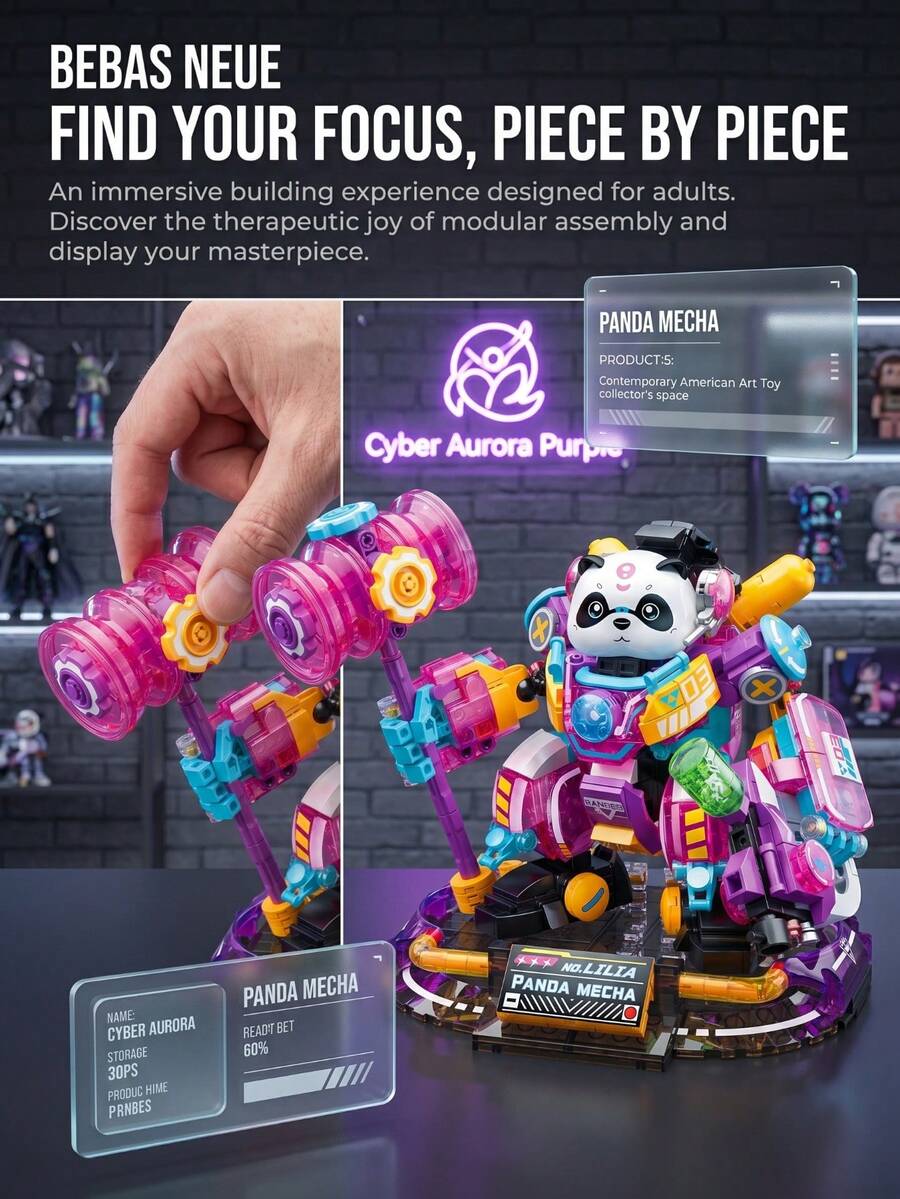 Set de construcción de modelo de guerrero panda mini de lujo de 625 piezas, divertido, relajante y fácil de jugar, adecuado para exhibición de escritorio, incluye pegatinas, regalo ideal para interacción de parejas - Multicolor - Ver 1