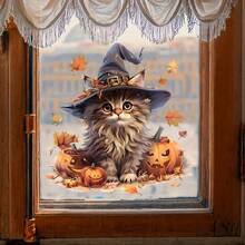 Halloween Witch Hat Long Hair Cat Window Static Cling Sticker, Cartoon Pumpkin Lantern Fallen Leaves Atmosphere Window Decal, Glue-Free Removable Glass Window Decoration Sticker, Autumn Harvest Theme Home Floor-To-Ceiling Window Sliding Door Storefront Display Decor Sticker, Party Store Glass Window Atmosphere Decoration Bedroom Entryway Holiday Soft Decor Wall Sticker - Multicolor - View 3