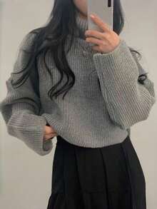 Grey Ribbed Turtleneck Cropped Sweater, Loose Slouchy Slimming Versatile Autumn/Winter Knit Top - Grey - View 5