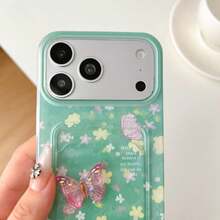 1pc Summer Green Butterfly Card Holder Phone Case With Hand Strap, Compatible With IPhone17/17 Pro Max/16 Pro Max/16 PLUS/16/15/14 PRO MAX/14/13pro/12/11 - Green - View 6