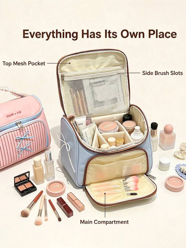 1pc Bowknot Makeup Bag, Large Capacity, Portable Multi-Functional Travel Toiletry Skincare Brush Accessories Storage Handbag For Women, Suitable For Students Back To School Season,Bedroom Room Decor,Back To School