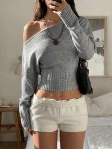 Sweater Rajut Bergaris Abu-abu Wanita dengan Bahu Terbuka, Pullover Lengan Panjang Potongan Pendek Pas Badan, Atasan Kasual Elastis Musim Gugur/Dingin - Grey - View 8