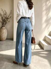 Women's Blue Denim Wide Leg Pants, Button Detail Design, Loose Long Fit, Casual Bohemian Style, Suitable For Spring Wear, Medium Stretch Fabric - Medium Wash - View 3