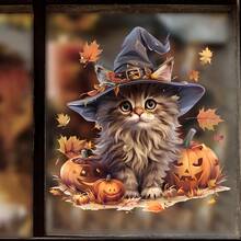 Halloween Witch Hat Long Hair Cat Window Static Cling Sticker, Cartoon Pumpkin Lantern Fallen Leaves Atmosphere Window Decal, Glue-Free Removable Glass Window Decoration Sticker, Autumn Harvest Theme Home Floor-To-Ceiling Window Sliding Door Storefront Display Decor Sticker, Party Store Glass Window Atmosphere Decoration Bedroom Entryway Holiday Soft Decor Wall Sticker - Multicolor - View 4