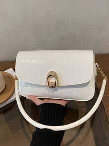 Borsa baguette in PU lucido con stampa coccodrillo, chiusura a torsione in metallo, catena a spalla/crossbody - Bianco - Visualizzare 7