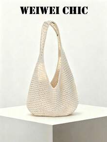 Breathable Mesh Crochet Shoulder Bag, Wide Integrated Strap Simple Solid Color Versatile Summer Seaside Carry Purse - Apricot - View 1