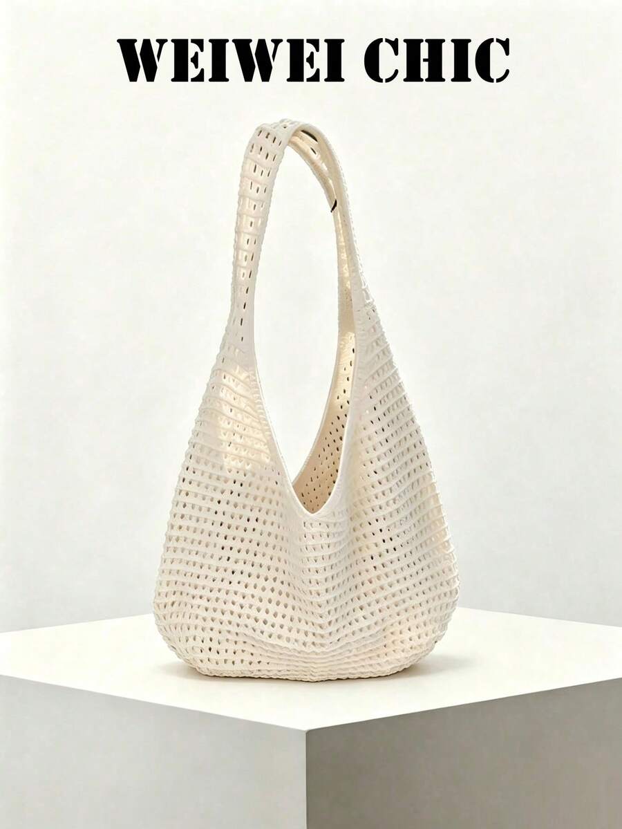 Breathable Mesh Crochet Shoulder Bag, Wide Integrated Strap Simple Solid Color Versatile Summer Seaside Carry Purse - Apricot - View 1