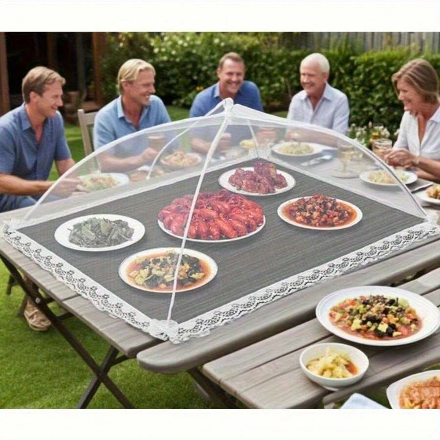 Thickened Large Mesh Food Cover For Dining Table - Portable Dustproof Kitchen Gadget, Decorated With Elegant Lace Trim, Perfect For Outdoor Barbecues And Family Gatherings, Outdoor Dining Cover | Decorative Table Cover | Durable Mesh Cover - White 31.5*23.62 Inches - View 1