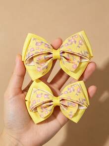 2pcs Yellow Multi-Layer Bow Hair Clips, Floral Print Bow Hair Clips, Suitable For Spring/Summer Wear, Daily And Outing Hair Accessories - Yellow - View 4