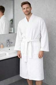 Unisex-Badewäsche aus Baumwolle; einfarbiger, leichter Waffelgewebe-Kleidungsbademantel; schnell trocknend, bequem und lässig - Weiss - Übersicht 6