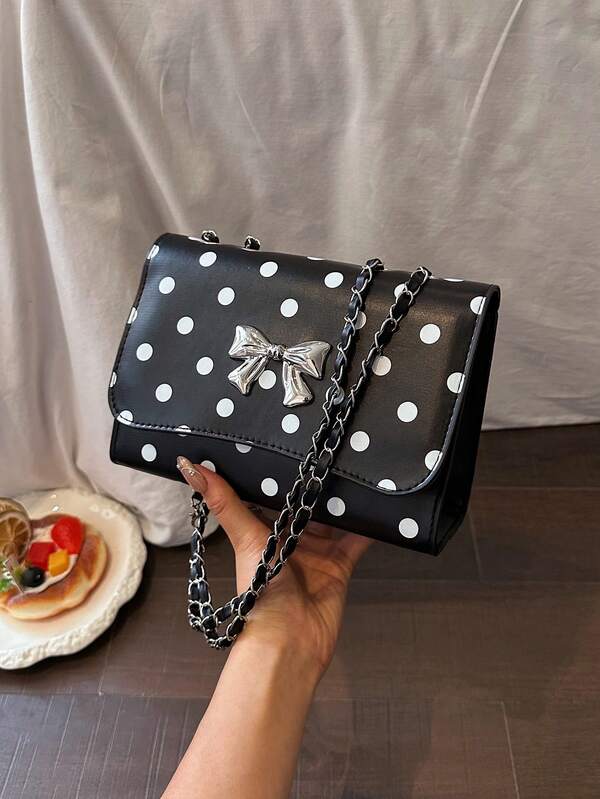 Bolso de hombro con estampado de lunares de moda, bolso cuadrado pequeño de cadena de cuero PU para mujer