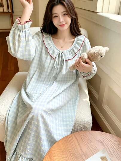 Women's Sweet Cute Sexy Bowknot Dual-Color Plaid Print Long Nightgown Dress, Peter Pan Collar Lantern Long Sleeve Loungewear, Casual Wear For Valentine's Day, Spring, Autumn, Winter, 1-Piece Set
