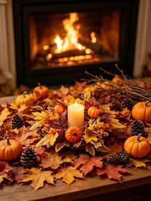 51pcs/Set Halloween/Autumn Maple Leaf Candle Ring Decoration. Artificial Maple Leaf Set, Candle Wreath, Autumn Tabletop Decor, Halloween And Thanksgiving Centerpiece, Harvest Festival Party Styling, DIY Autumn Wedding Tabletop Decoration. - A - View 5