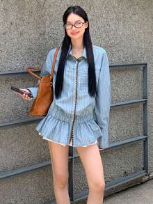 Korean Style Casual Colorblock Striped Long Sleeve Waist-Cinching Blouse Tops (Random Stripes) - Blue - View 2