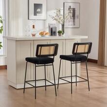 Modern Bar Stool In High-Gloss Design, 2 Chairs Per Pack, Chenille Fabric Seat, Armless Design, Backrest With Wooden Frame And Rattan Look, Painted Metal Legs - Black - View 7