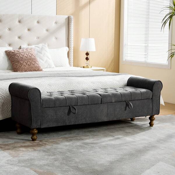 Modern Bench With 2 Lids And Storage, Velvet Ottoman With Rolled Armrests, Can Be Used As A Daybed, Rubberwood Legs, For Living Room, Entryway, Bedroom, Color: Anthracite