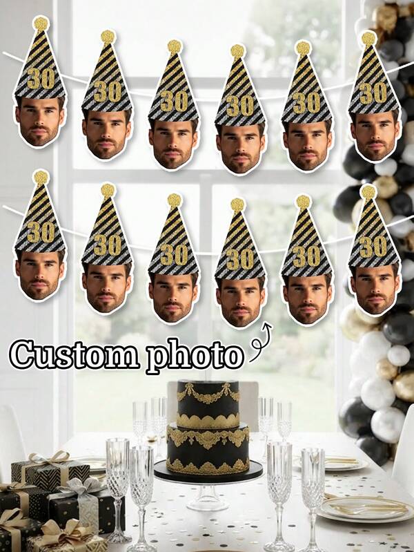 6/12/18pc Custom Photo Black Gold Glitter Striped Party Hat Birthday Banner,Luxury Glam Men Milestone Birthday Party Decor,Birthday Party Supplies,Retirement Party Wall Decor,Family Gathering,Keepsake Gift