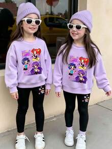 Young Girl Cartoon Print Round Neck Long Sleeve Top And Leggings - Purple - View 1