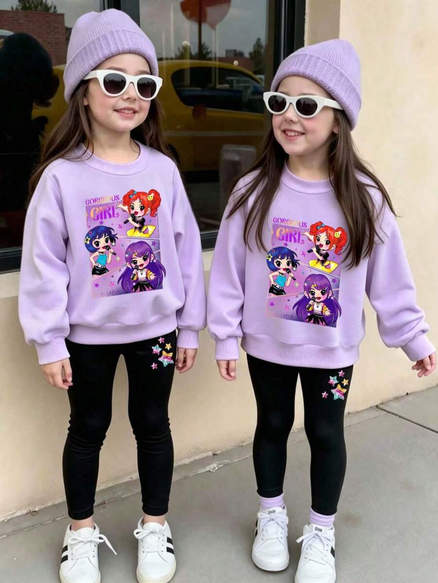 Young Girl Cartoon Print Round Neck Long Sleeve Top And Leggings - Purple - View 1