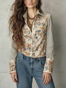 Women's Floral Print Shirt Collar Long Sleeve Blouse With Striped Color Block Design, Suitable For Spring/Autumn Daily And Commute Wear Vacation - Multicolor - View 6