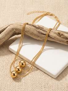 1 Women's Necklace, Triple Layered With Round Beads, Snake Bone Chain, Neck Chain, Spring And Summer Daily Commuting, Party Dating, Minimalist, Light - Gold - View 3