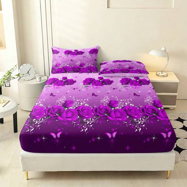 3pcs Pink Rose & Butterfly Bedding Set, Pink Rose Pattern Printed Bedding Set, Includes 1 Fitted Sheet And 2 Pillowcases, Multiple Sizes Available, Romantic Princess Style Bedding, Suitable As Holiday Gift For Friends, Applicable To Bedroom, Guest Room, Dorm, Hotel