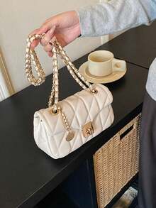 Cream White Quilted Chain Crossbody Bag, Square Gold Twist Lock Small Shoulder Bag, Round Metal Pendant, Elegant Mini Flap Bag, Suitable For Daily Dating - White - View 3