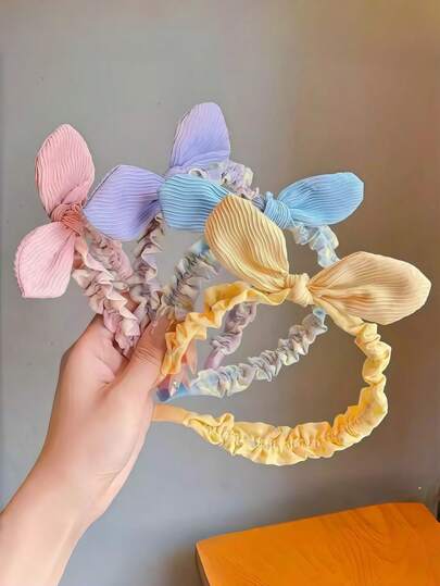 3pcs Random Candy Color Pleated Fabric Bow Headbands, Soft Lace Non-Slip Hairbands, Sweet Cute Women's Daily Face Washing Makeup Hair Accessories
