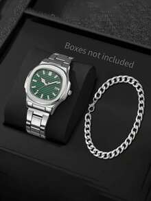 2pcs/Set Men's Square Steel Band Watch, Minimalist Fashion Men's Wristwatch, Premium Quartz Watch Set - Silver - View 4