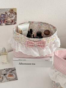 1pc Floral Lace Fabric Storage Basket Sweet Gentle Style Mother-Daughter Set Foldable Bedroom Dormitory Desktop Cosmetics Small Items Digital Products Organizer Container Home Decor Gift - View 7