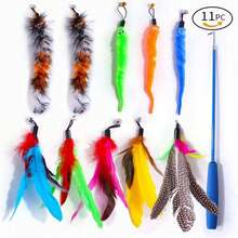 Juguete para gatos, set de juguetes para gatos, plumas artificiales de colores, varita para gatos, campana de oruga, cabeza de varita para gatos reemplazable, se puede usar en interiores y exteriores, entrenamiento, obediencia independiente, alivia el aburrimiento, (Azul, Negro. (Color de cabeza de reemplazo aleatorio)). - Multicolor - Ver 13