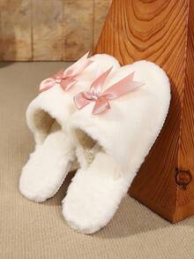 Pantuflas de mujer de peluche rosa con punta abierta, lazo de satén de unicolor, suaves y esponjosas, antideslizantes y cálidas, para uso diario en el dormitorio y el hogar - Blanco - Ver 2