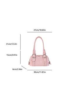 Tas Tangan Silinder Minimalis Warna Pink Polos dengan Detail Cincin Logam Perak dan Kancing, Penutup Resleting Ganda, Interior Luas, Cocok untuk Wanita, Aktivitas Kampus dan Akhir Pekan. - Berwarna merah muda - View 2
