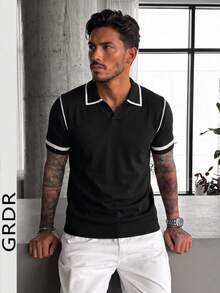 GRDR Men's New Striped Casual Knit Polo Shirt T-Shirt Short Sleeve Top - Black - View 2