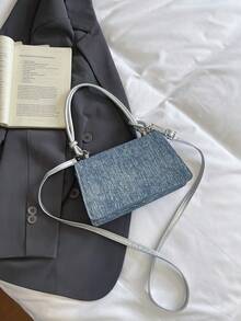 1 pieza Bolso de mano cuadrado pequeño de lona color azul sólido para mujeres - azul real - Ver 3