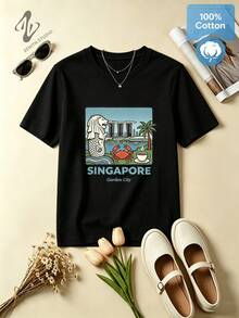 SINGAPORE Merlion & Garden City Print Cotton Graphic T-Shirt For Travel Tropical Style - 黑色 - 查看 1