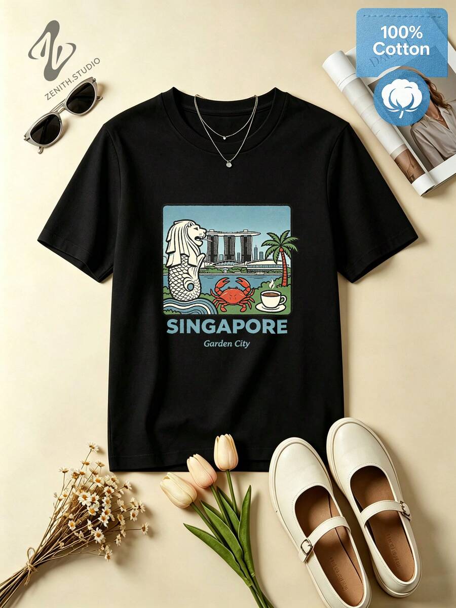 SINGAPORE Merlion & Garden City Print Cotton Graphic T-Shirt For Travel Tropical Style - 黑色 - 查看 1